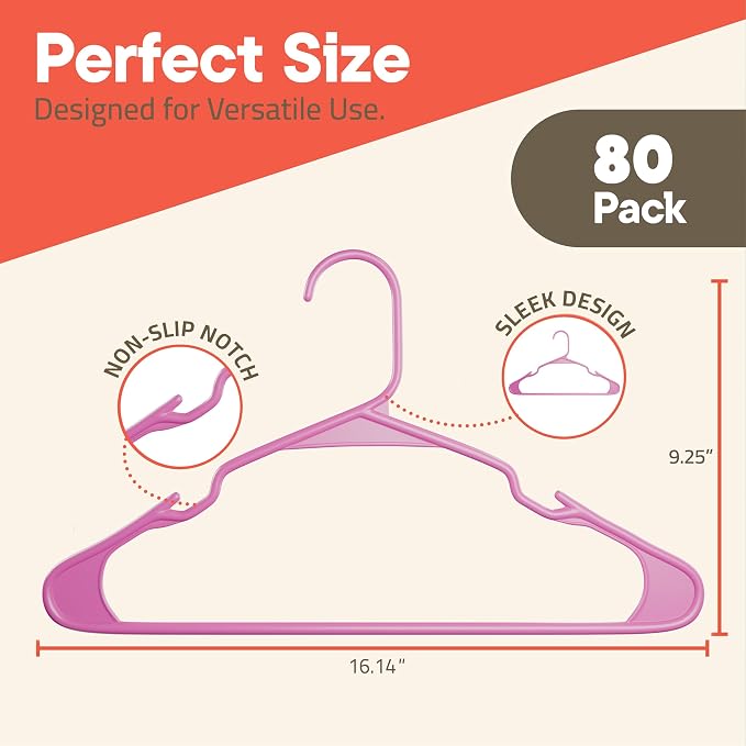 Pink Plastic Hangers 80 Pack– Heavy-Duty Plastic Hangers Slim and Space-Saving, Durable and Lightweight PP with Non-Slip Shoulder Notches for Slip Dresses, Suits, Jackets & Camisoles - Image 2