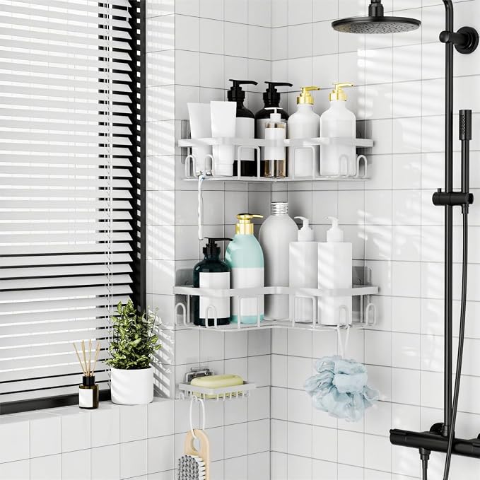 Moforoco Corner Adhesive Shower Caddy, with Soap Holder and 12 Hooks, Rustproof Stainless Steel Bathroom Organizer, No Drilling Wall Mounted Rack, Black, 3-Pack(White) - Image 6