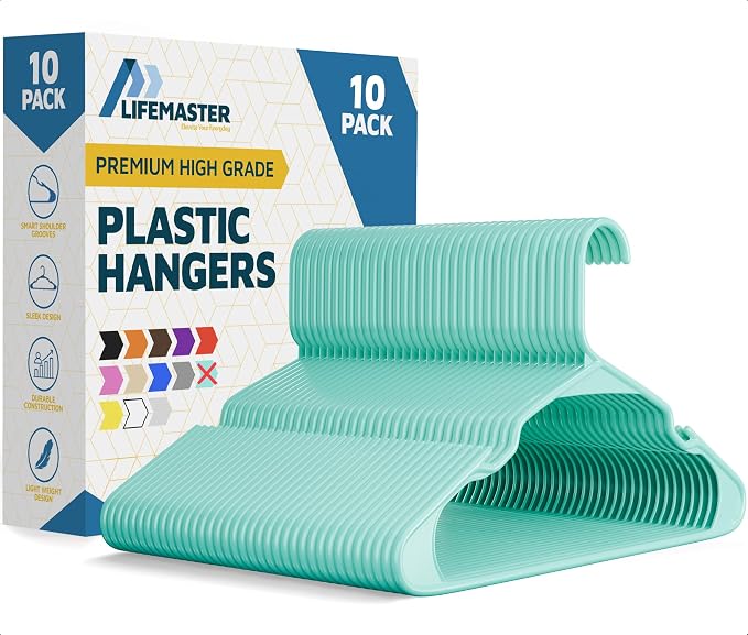 Lifemaster Plastic Clothes Hangers – Heavy Duty Hanger Set, for Organizing Clothes, Dresses, and Coat, Holds Up to 5 lbs, Space-Saving Hangers with Non-Slip Shoulder Grooves, Pack of 10, Aqua by LIFEMASTER