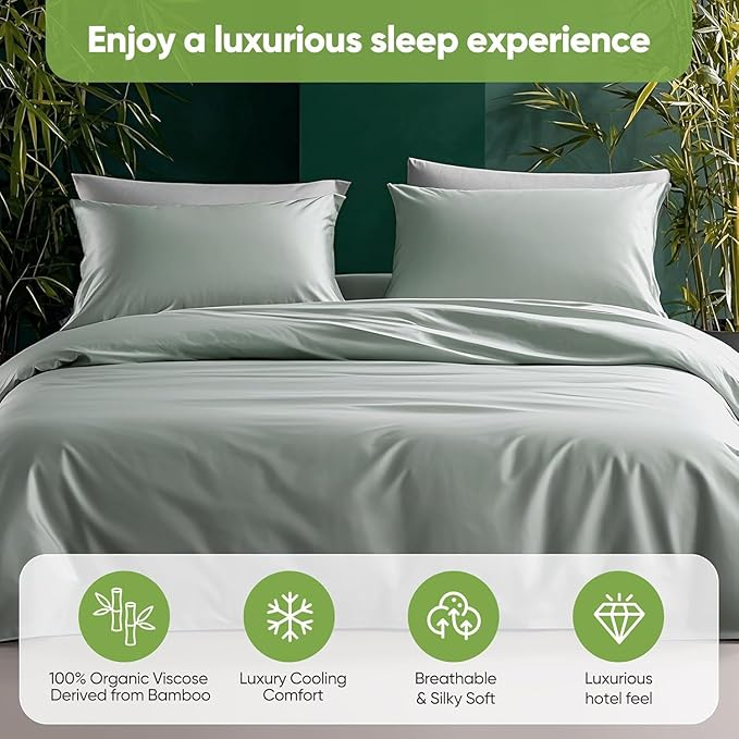 TWK Luxury Sheet Set, Genuine 100% Organic Viscose Derived from Bamboo, Cooling & Breathable, Silky Soft, Bedding Sheets & Pillowcases (Sea Glass, King)