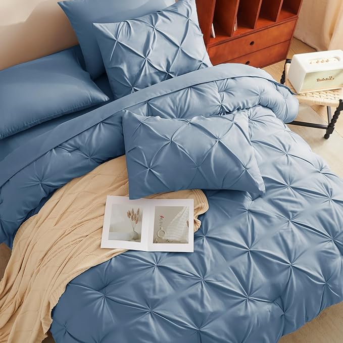 CozyLux King Size Comforter Set Grayish Blue, 7 Pieces Pintuck Bed in A Bag Blue Comforter King Size, Pinch Pleat Bedding Set with All Season Comforter, Sheets, Pillowcases & Shams