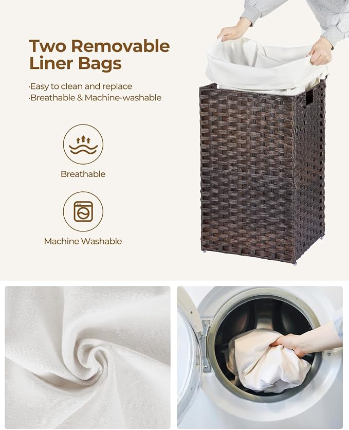 Greenstell Laundry Hamper with Lid, 60L Clothes Hamper with 2 Removable Liner Bags & 2 Mesh Laundry Bags, Handwoven Synthetic Rattan Laundry Basket for Clothes, Toys in Bathroom, Bedroom Brown - Image 5
