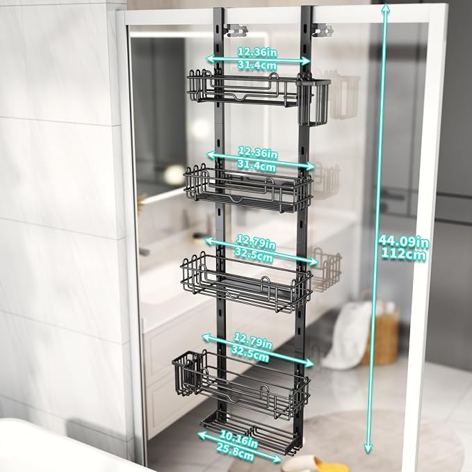 HapiRm 5 Tier Over the Door Shower Caddy, Hanging Shower Caddy with 28 Hooks and 2 Toothbrush Holders, No Drilling Adjustable Hanging Bathroom Organizer - Black - Image 5