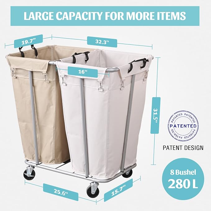 PLKOW Laundry Cart with Wheels 280L Large Laundry Sorter 2 Section for Commercial/Home, Rolling Laundry Cart with Steel Frame and Removable Bag, 8 Bushel, 32.3L x 19.7W x 31.5H Inch - Image 6