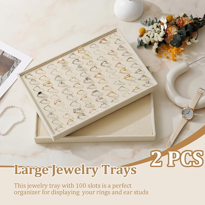 Large Velvet Jewelry Tray 2 Pack Stackable Jewelry Display Drawer Inserts Trays Organizer for Earring Bracelet Necklace Ring (Beige, Ring 81 Slots) - Image 2