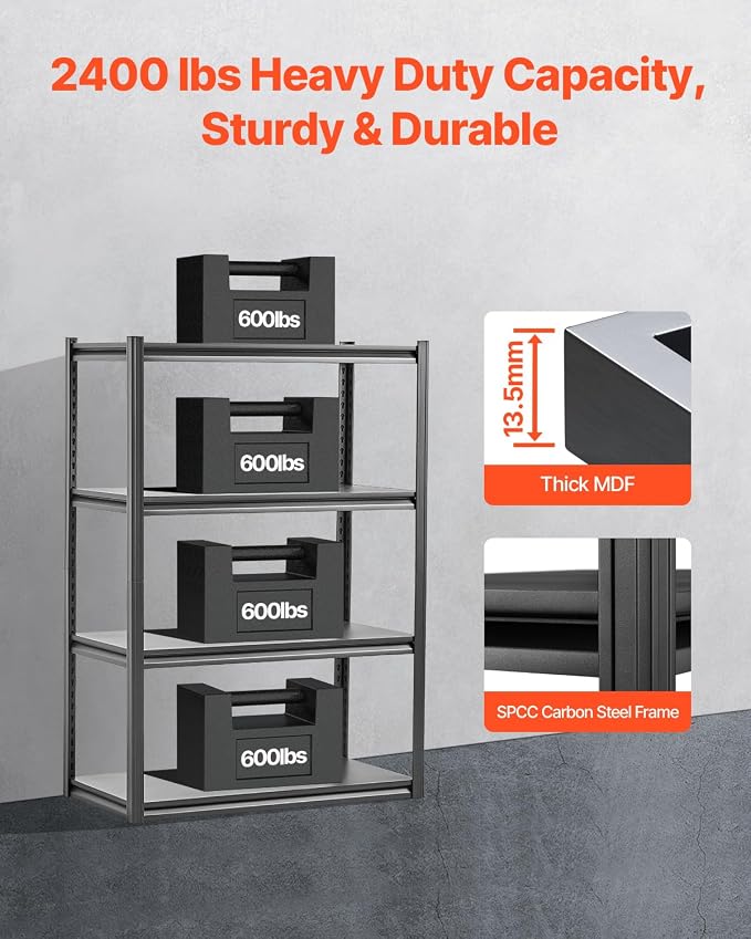 VEVOR Storage Shelves, 2400 lbs, 4 Tier Garage Storage Shelving, 20" D x 40" W x 57" H Adjustable Metal Shelves for Garage Shelves Utility Rack Shelf, Ideal for Kitchen, Warehouse, Basement, Black - Image 4