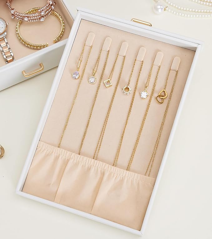 Homde Jewelry Organizer with Transparent Window Necklace Hooks Gift for Women Jewelry Box Display Case for Necklaces Rings Earrings Bracelets and Other Jewelry Accessories (White + Gold) - Image 9