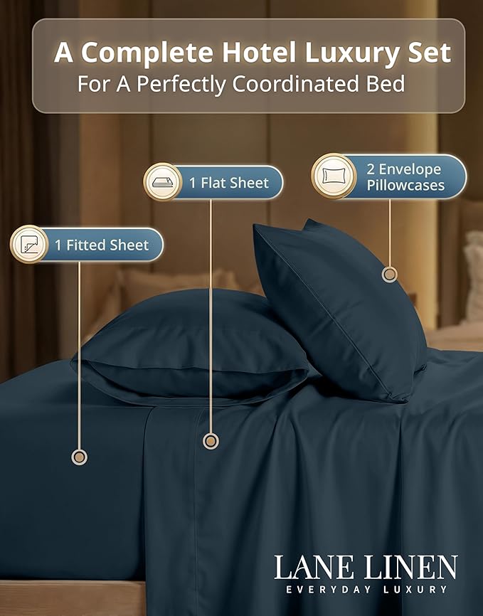 LANE LINEN Cal King Size Sheets Set - 600 Thread Count Premium Sateen Weave for Smooth Feel on Skin - Thick & Comfy Sheets for Summer - Securely Fits Mattresses Upto 15'' Deep - Estate Blue