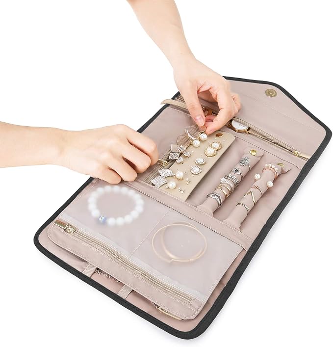BAGSMART Travel Jewelry Organizer Roll Foldable Jewelry Case for Journey-Rings, Necklaces, Bracelets, Earrings, Black - Image 4