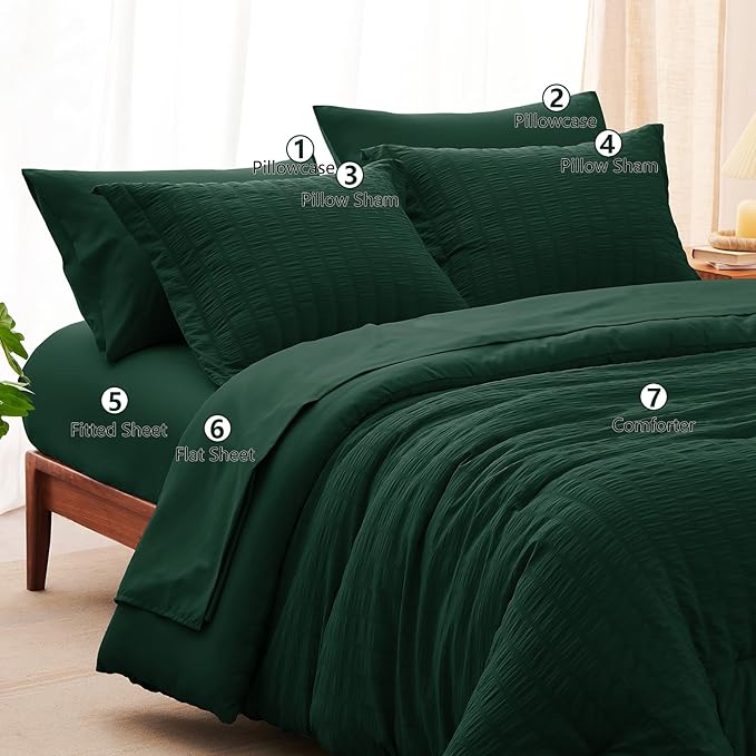 CozyLux Queen Comforter Set Emerald Green Seersucker 7 Pieces Bed in a Bag Queen Comforter Set with Sheets, Luxury Bedding Sets with Down Alternative Comforter, Sheets, Pillowcases & Shams All Seasons
