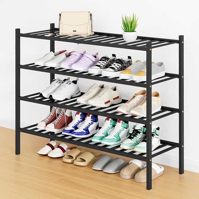 Smiry Shoe Rack, 4 Tier Long Bamboo Shoe Organizer, Stackable Free Standing Wooden Shoe Storage Shelf for Closet, Entryway, Front Door Entrance, Black by Smiry
