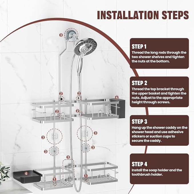 REINHARDT Adjustable Shower Caddy Hanging Rustproof Shower Caddy for Handheld Showerheads, Shower Organizer with Hooks Soap Holder, Anti-Swing Shower Rack Bathroom Accessories, Silver - Image 7