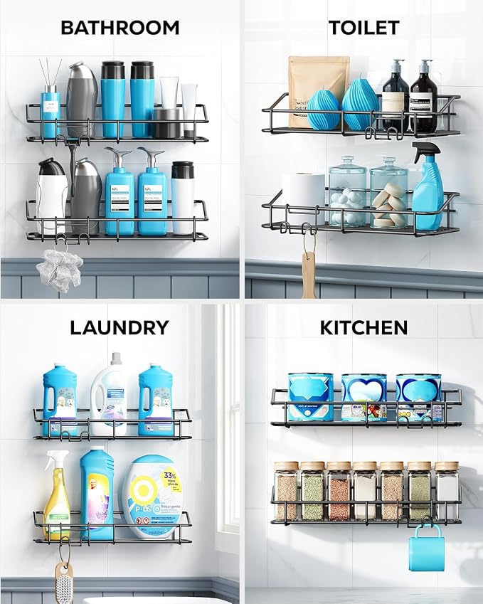 Nieifi Shower Caddy Shelf with Hooks Storage Rack Organizer Adhesive Stainless Steel Without Drilling for Bathroom, Lavatory, Washroom, Restroom, Shower, Toilet, Kitchen - 2 Pack (Black) - Image 9