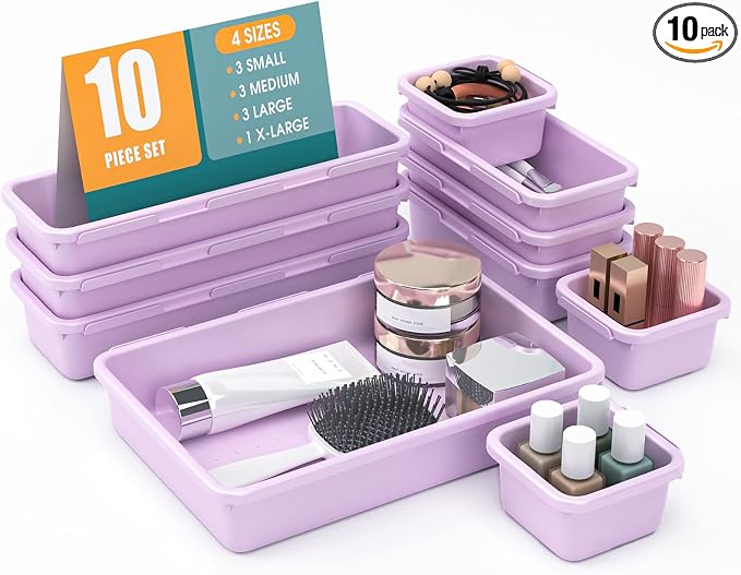 10 PCS Drawer Organizer Set, 4 Size Makeup Drawer Divider Organizer With Non-Slip Pads, Interlocking Plastic Storage Bins for Office,Jewelry Vanity,Gadgets, Bathroom,Kitchen, Purple by StoreHappily
