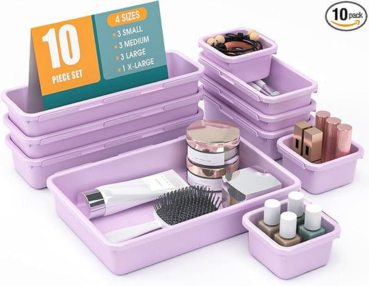 10 PCS Drawer Organizer Set, 4 Size Makeup Drawer Divider Organizer With Non-Slip Pads, Interlocking Plastic Storage Bins for Office,Jewelry Vanity,Gadgets, Bathroom,Kitchen, Purple by StoreHappily