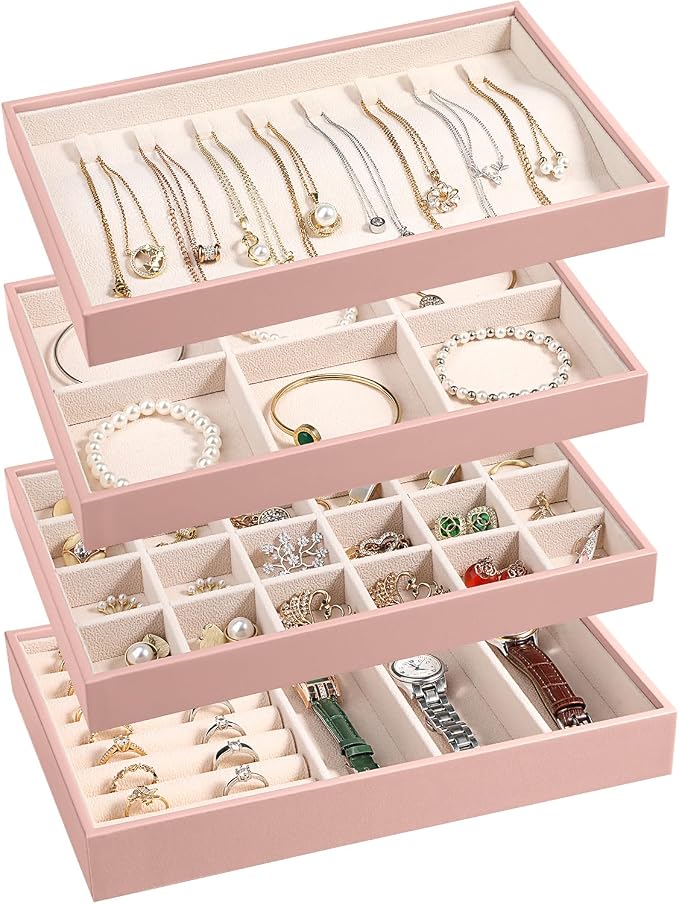 LANDICI Stackable Jewelry Organizer Trays 4 Set,PU Leather Jewelry Organizer Drawer,Jewelry Storage Display Tray for Earring Necklace Rings Bracelet with Removable Dividers,Pink by LANDICI