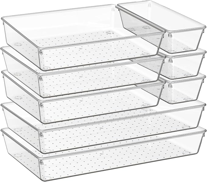 Criusia 8 Pack Drawer Organizer for Kitchen Gadgets, Large Clear Plastic Drawer Divider for Kitchen Accessories, Bathroom Organizers and Storage, Home Essentials for Makeup and Vanity Accessories by Criusia
