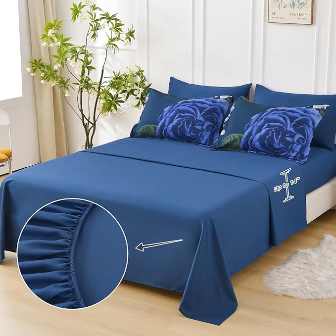 Drucon Blue Floral Comforter Set King, 7 Pieces Bed in a Bag Botanical Floral Comforter Soft Microfiber Dark Blue Bedding Set King Size Bed with Sheet and Pillowcase