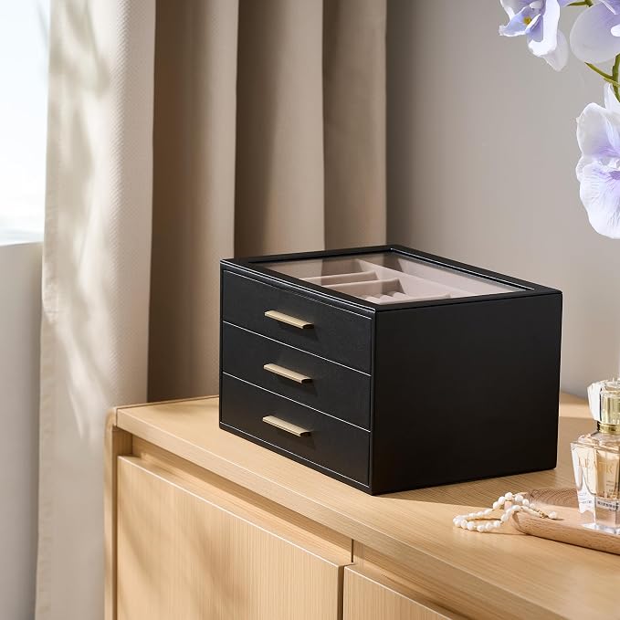 pickpiff Jewelry Box Organizer Case for Women: 3-Layer Jewelry Storage Case with Glass Window, Black Leather with Blush Velvet, Holder for Ring Necklace Bracelet Brooch Watch, Great Gift for Her - Image 5