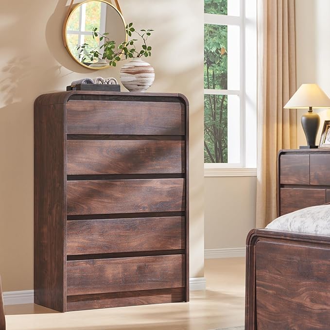 Aitjunz Modern 5 Drawers Dresser for Bedroom, 45" Tall Dressers & Chests of Drawers w/Curved Profile Design, Wood Mid Century Vertical Dresser w/Natural Texture for Bedroom, Living Room, Brown