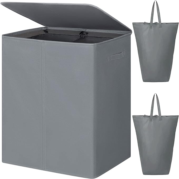 WOWLIVE 154L Double Laundry Hamper with Lid and Removable Laundry Bags, Large Dirty Clothes Hamper 2 section Collapsible Laundry Basket Dorm Room Storage for Bedroom, Bathroom, College,Grey by WOWLIVE