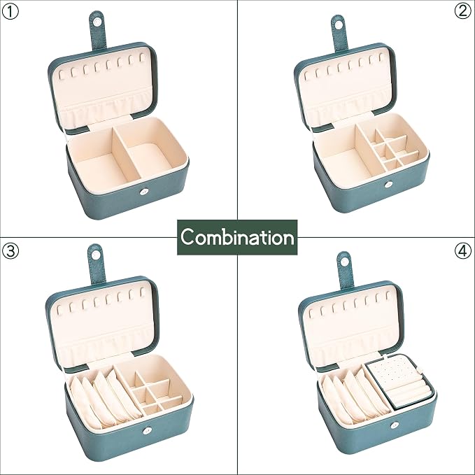 2 Layer Large Jewelry Travel Case with 4 Jewelry Pouches, PU Leather Portable Jewelry Storage Box, Medium Size Jewelry Organizer Box for Earrings, Necklaces, Bracelets (dark green) - Image 4