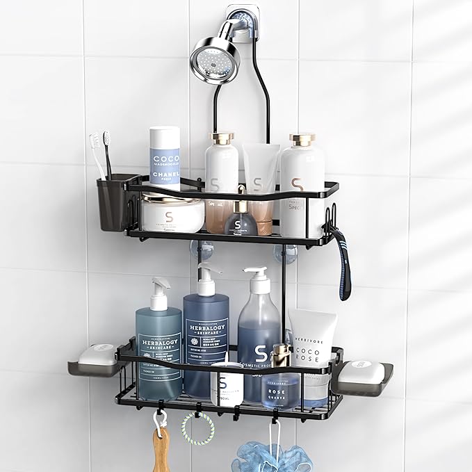 Aitatty Hanging Shower Caddy Bathroom Organizer: Rustproof Shower Shelf Racks Over Shower Head - No Drilling Inside Bath Shower Rack Shelves Over Showerhead for Shampoo with Soap Holder Black by Aitatty