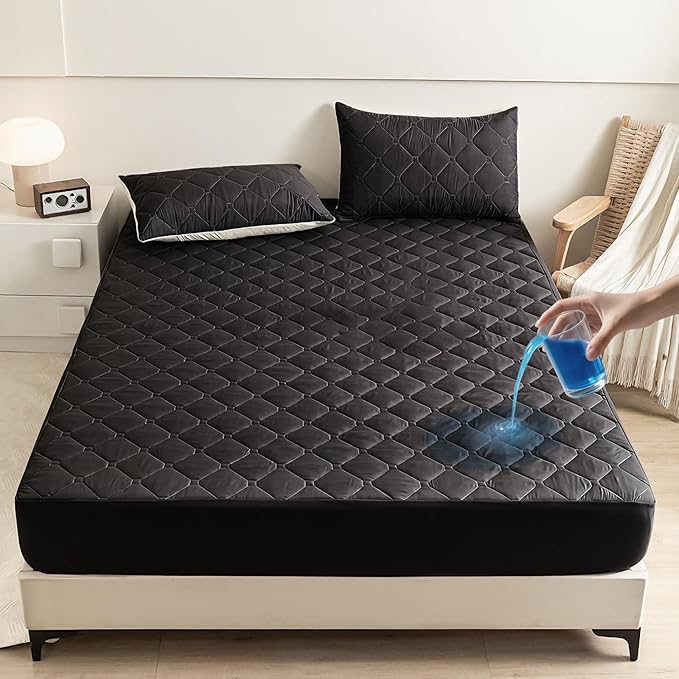 Waterproof Mattress Protector Full, 18” Deep Pocket Fitted Mattress Topper+2pcs Pillow Cases - Leakproof, Oeko-TEX Certified, Breathable & Noiseless,Machine Washable (Black)