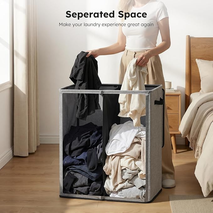 SOLEDI Double Laundry Basket with Lid and Removable bag, Large Laundry Hamper 2 Section with handles, Collapsible Dirty Clothes Hampers for Laundry, Bedroom, Dorm, College - Image 4