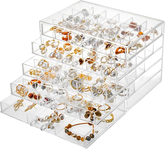 YUFONG Jewelry Boxes Earring Storage Box Organizer 5 Drawers Jewelry Organizer Acrylic Jewelry Storage Box Holder Compartment Transparent Display Storage Case Gift for Women Girls (102 Girds) - Image 6