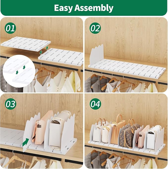 SPACEKEEPER Shelf Divider for Closet, 2 Pack Adjustable Purse Organizers Handbag Separators Storage Organizer Bookshelf Separator Dividers in Bedroom Office Kitchen Bathroom, White - Image 6