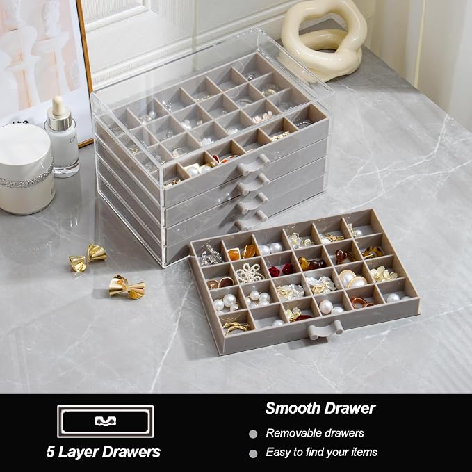 YUFONG Earring Storage Box Organizer, Acrylic Jewelry Storage Box Holder 5 Drawers Transparent Jewelry Display Stand with 120 Small Compartments Gift Boxes for Women Girls (Gray) - Image 4