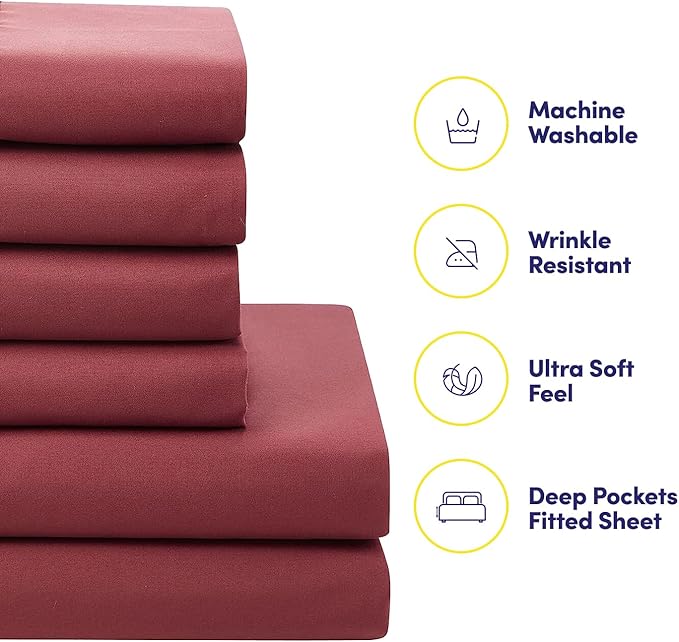 Sweet Home Collection 7 Piece Comforter Set Bag Solid Color All Season Soft Down Alternative Blanket & Luxurious Microfiber Bed Sheets, Burgundy, Twin XL