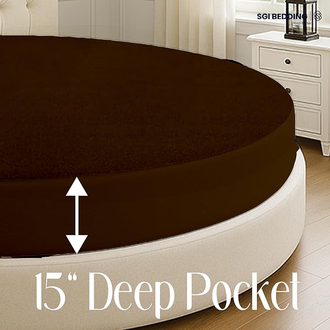 SGI bedding Waterproof Round Mattress Protector 96" Diameter– 15" Deep Pocket Fitted Style Terry Cotton Mattress Pad Cover, Soft, Breathable & Noiseless, Spills & Stains Bed Protection – Chocolate