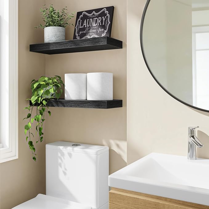 Fixwal Floating Shelves for Wall, 15.7" Wood Wall Mounted Shelves for Living Room, Bedroom, Bathroom and Kitchen, for Storage, Books, Room Decor (Black, Set of 2) - Image 2