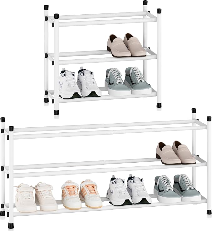 STORAGE MANIAC Expandable Shoe Rack, 12 Pairs Stackable Small Shoe Rack, Metal Adjustable Shoes Organizer for Closet, Entryway, Hallway, Garage, Front Door, Shoes Shelves, White 3 Tier by STORAGEMANIAC