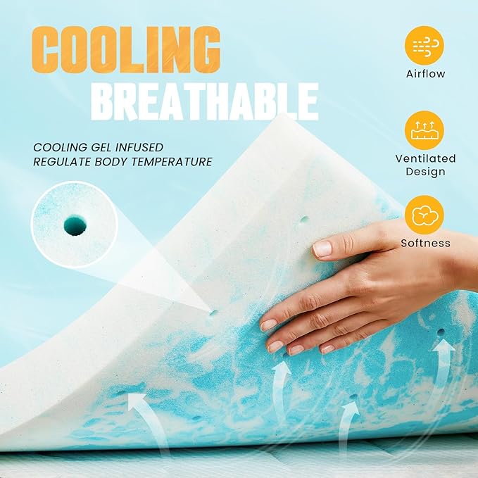 Topper 2 Inch Memory Foam Mattress Topper, Cooling Gel Foam Mattress Topper for Pressure Relief, Ventilated Design Bed Topper in a Box