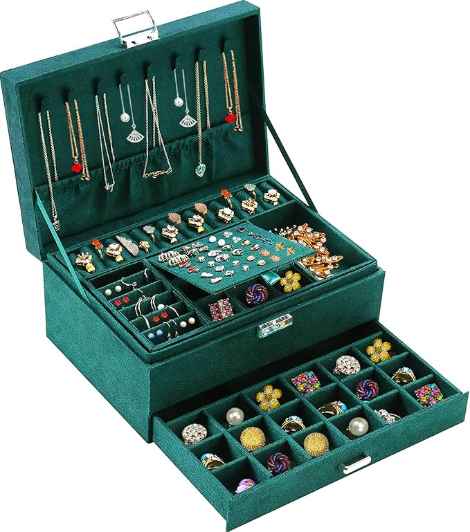 QBestry Jewelry Box for Women with Drawer, 3-Layer Large Jewelry Organizer with Lock & Key, 8 Necklace Hooks & 56 Earring Holes, Green Velvet Jewelry Storage Box for Necklaces Earrings Rings Bracelets by QBestry