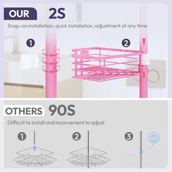 SWTYMIKI Shower Caddy Tension Pole - 4-Tier Corner Shower Organizer Tension Rod with Soap Holder, Toothbrush Holder & 4 Hooks, Adjustable Stainless Steel Bathroom Organizer 27.6 to 108.3 inch, Pink - Image 3