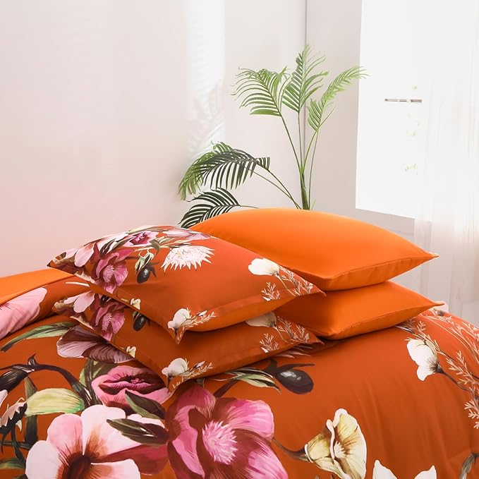 Luxudecor Terracotta Floral Comforter Set King Size 7 Piece, Flower Bed in a Bag, Elegant Floral Comforter with Sheet Set, Soft Microfiber Bedding Set for All Season (Terracotta, 104"x90")