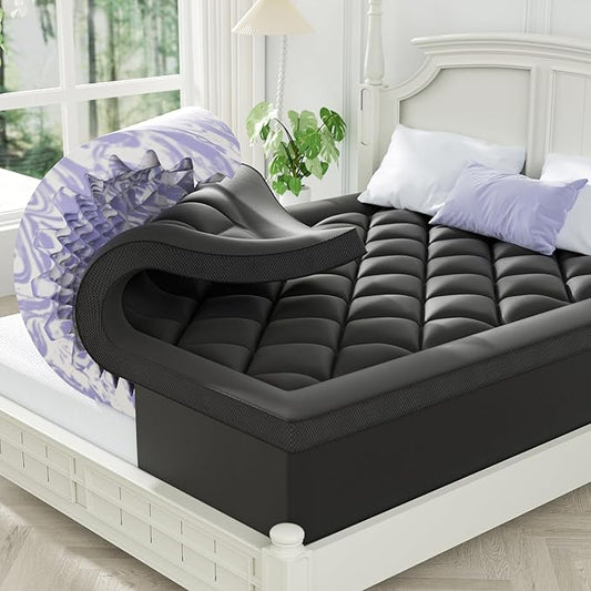 ChiXpace Dual Layer 4 Inch Memory Foam Mattress Topper Twin - 2 Inch Gel Memory Foam and 2 Inch Pillow Top Mattress Pad, 7-Zone Egg Crate Twin Size Mattress Topper (Black-White)