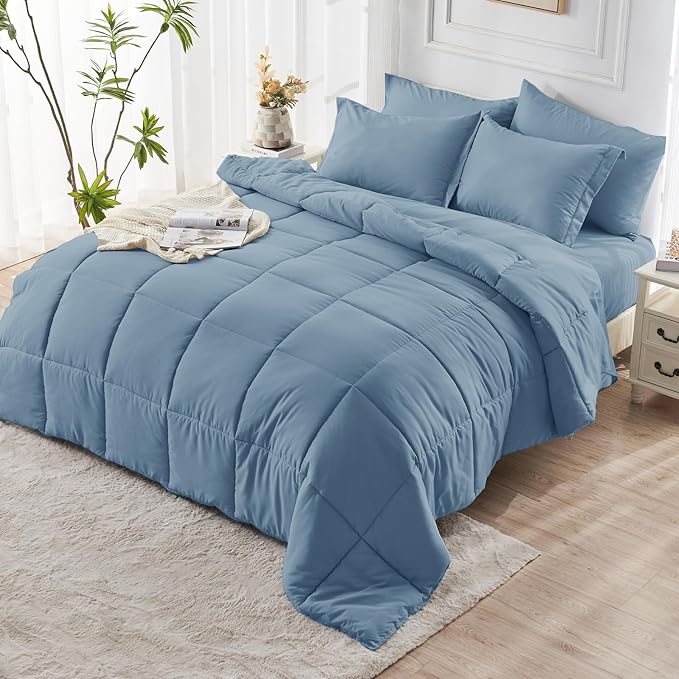 JOLLYVOGUE King Comforter Set, Ultra-Soft Bed in a Bag King Size 7 Pieces, Oeko-TEX Certified Bedding Set with Down Alternative Comforter, Sheets, Pillowcases & Shams, Dusty Blue