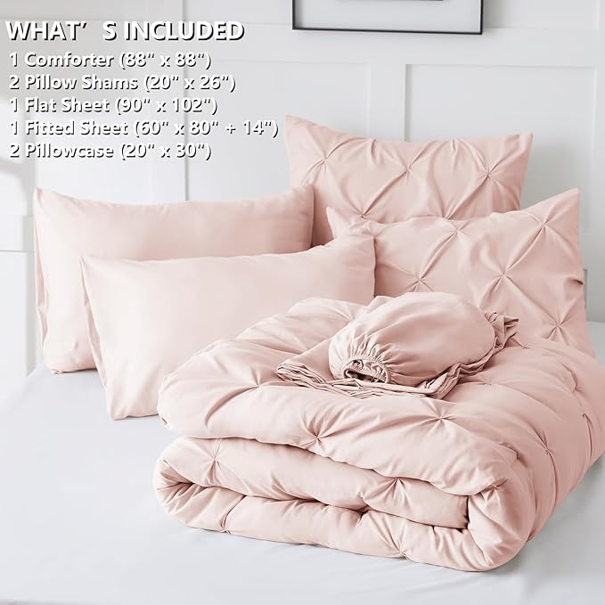 CozyLux Queen Comforter Set Blush Pink, 7 Pieces Pintuck Bed in A Bag, Premium Pink Comforter Queen Size, Pinch Pleat Bedding Sets with Comforter, Sheets, Pillowcases & Shams