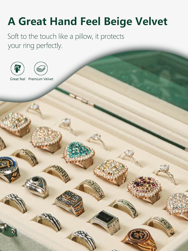 Ring Holder Organizer Box,Jewelry Ring Display Case, Earring Necklace Storage Tray With Top Glass Lid (Beige, 30 Slots Ring) - Image 6
