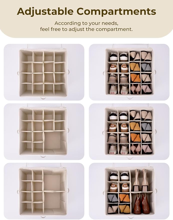 StorageWorks Shoe Organizer for Closet, Fits up to 16 Pairs, Shoe Cubby Storage Containers with Adjustable Dividers and Clear Cover, Khaki and Beige Stripes - Image 4