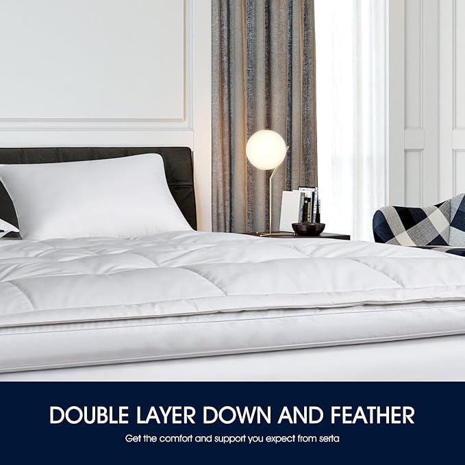 Serta Feather and Down Fiber Pillow Top Mattress Topper Full Size - 233 Thread Count 100% Cotton Mattress Pad Ultra Soft 2-Inch Support Feather Bed-White