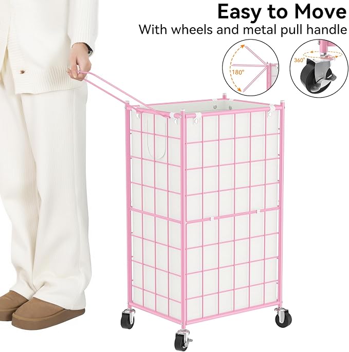 WOWLIVE Laundry Hamper with Wheels,Metal Wire Frame Rolling Laundry Basket with Removable bag,100L Dirty Clothes Hamper Organizer Dorm Room Storage for Bedroom,Bathroom,Pink - Image 5