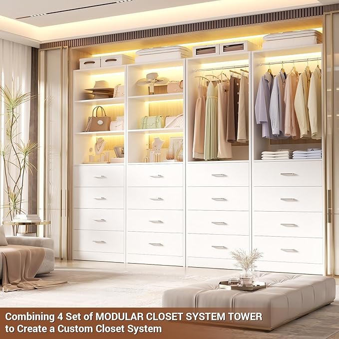 Aheaplus Closet Drawers System, 21.3" Wood Closet Organizer System with 4 Drawers, Modular Walk-in Closet System Storage Unit, Small Closets Wardrobe Rack, Tall Storage Cabinet Unit, White - Image 5