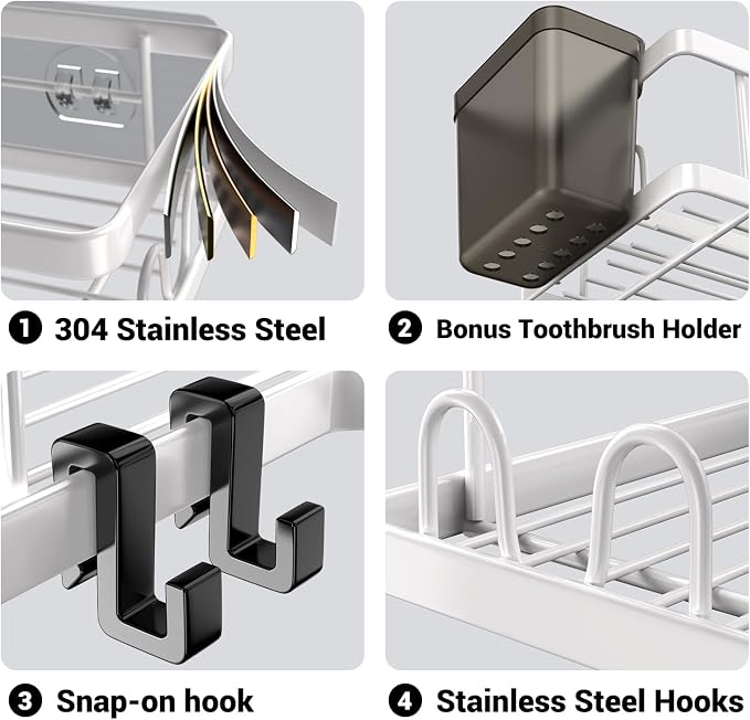 AKTECKE Shower Caddy Corner Organizer Shelf: 2Pack Adhesive Shower Essentials Accessories - No-Drilling Stainless Steel Bathroom Storage Rack with Hooks and Toothpaste Holder - Image 5