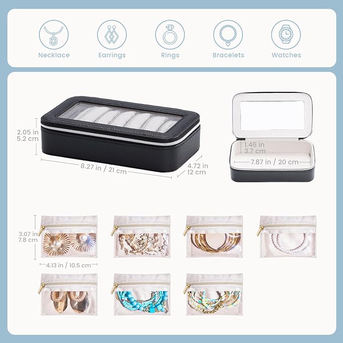 Lolalet 8 in 1 Travel Jewelry Case with Velvet Pouches, Clear Window Travel Jewelry Organizer Bags for Earrings, Bracelets, Necklaces and Rings, Compact Jewelry Storage for Women Girls- Black, 7PCS - Image 6
